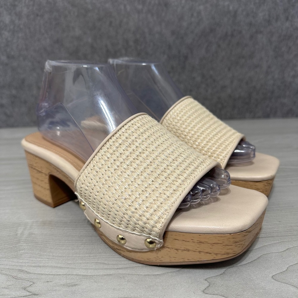 Torrid Mule Sandals Womens 10WW Natural Raffia Wood Bottom Woven Studded